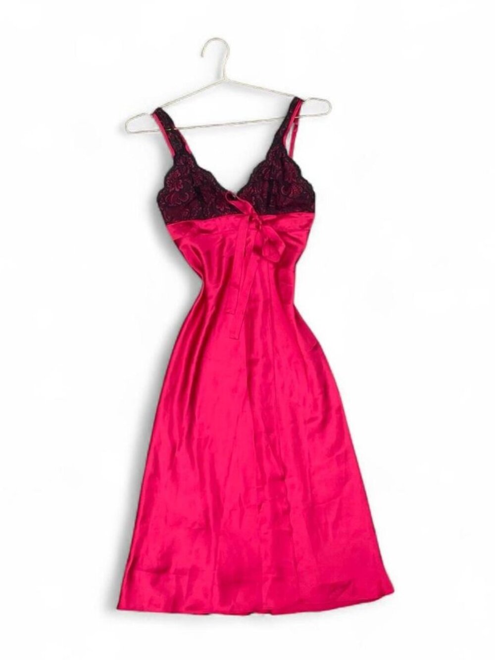Vintage Inner Most Hot Pink Satin Black Lace Maxi Slip Dress S
